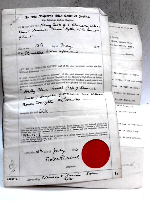 Probate of the Will of Henry Cook, Official Document 1913 By Unstated