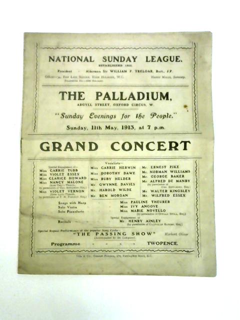 National Sunday League Grand Concert The Palladium 1913 - Programme By Unstated