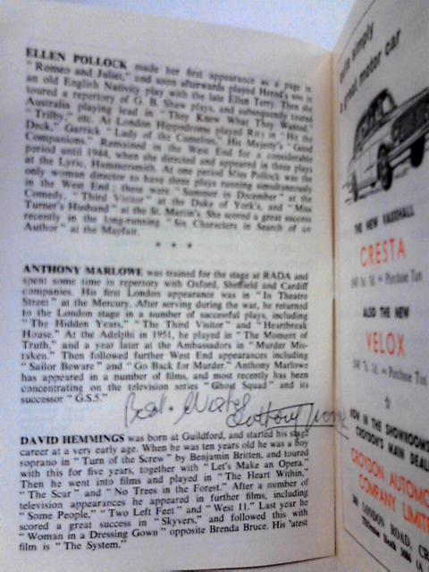 Theatre Programme Performed at Ashcroft Theatre - Fata Morgana [Signed by Anthony Marlowe] By Unstated