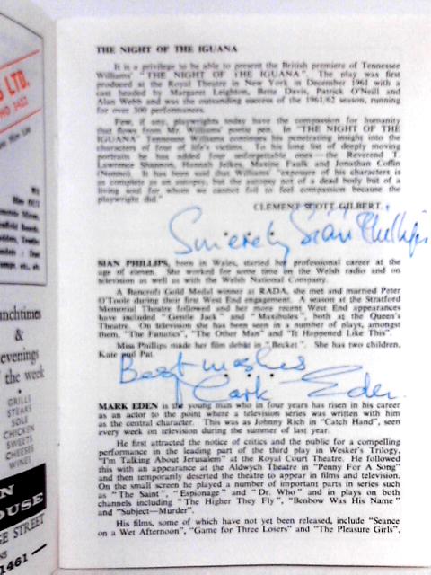 Theatre Programme Performed at Ashcroft Theatre; The Night of the Iguana [Signed by Sian Phillips, Mark Eden, and Vanda Godsell] By Unstated