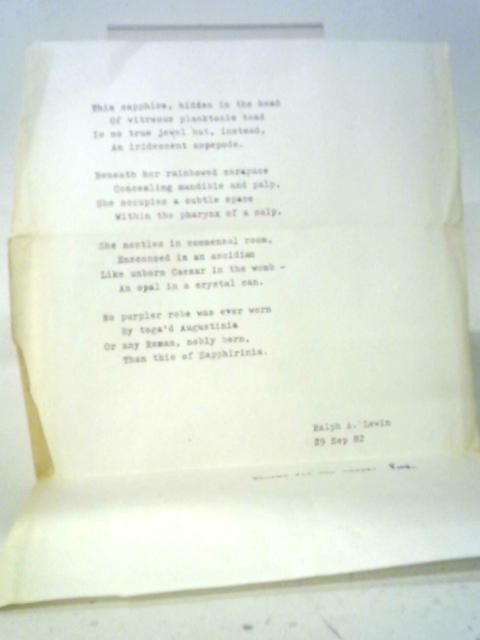 Typed Poem 'Sapphirina' Signed by Ralph A Lewin By Ralph A Lewin